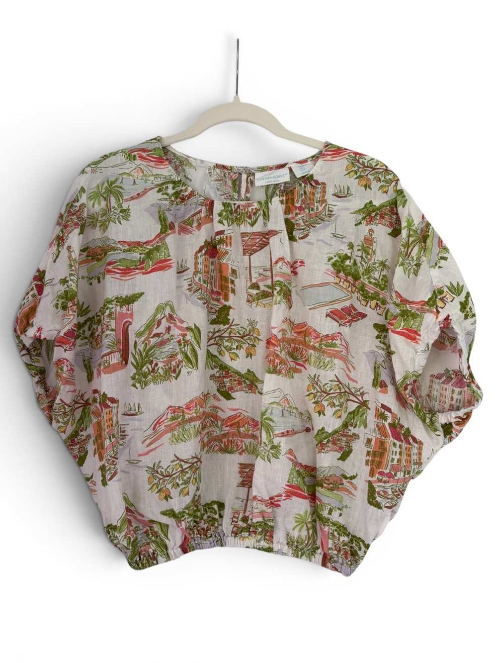 CYNTHIA ROWLEY short dolman sleeve linen top with beach resort print Size M